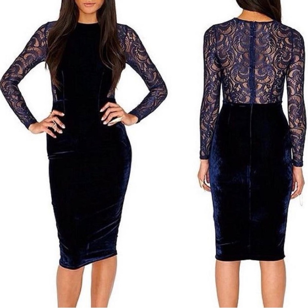 MIDNIGHT BLUE VELVET AND LACE MIDI BODYCON DRESS